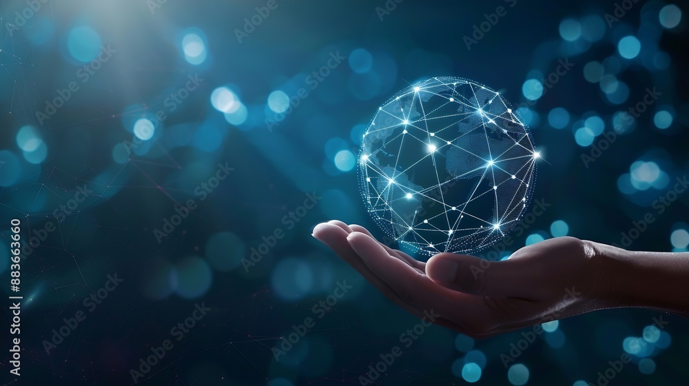 Aufkleber digital technology security concept Wireless connection of the global Internet communication network Abstract globe resting on human hand with interconnected polygons on dark blue back : Generative AI