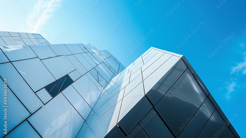 Aufkleber Modern geometric Building against blue Sky in Low Angle and perspective side view Abstract Architecture background : Generative AI