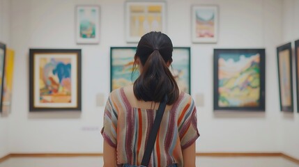 Asian young woman standing she looking art gallery in front of colorful framed paintings pictures on white wall female watch at photo frame to leaning against at exhibit museum Back vi : Generative AI