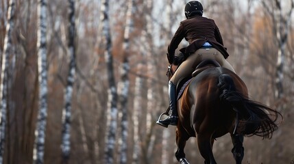Brown horse with rider jumping over a tree trunk obstacle photo from behind : Generative AI