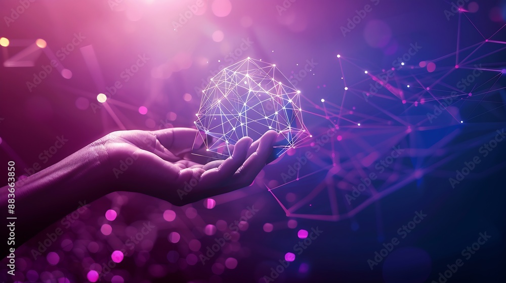 Poster Man hand holding global network connection Internet communication Wireless connection technology Futuristic technology with polygonal shapes Grading purple and blue tone : Generative AI