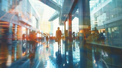 Fototapeta premium Modern shopping mall interior close up, focus on, copy space Stylish decor, Double exposure silhouette with consumerism