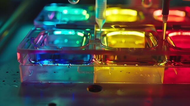 Illuminated multi colored microplate in lab : Generative AI