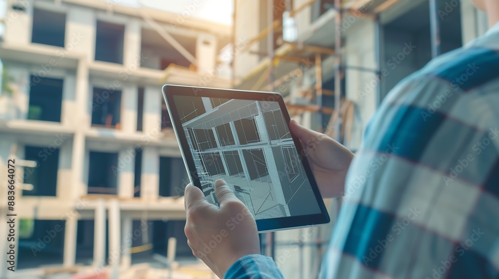 Poster engineer hands holding digital tablet with house construction project planning house designer and di