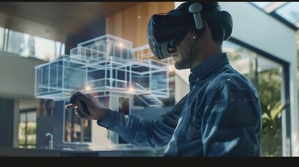 Male designer uses VR headset and wireless controllers makes architectural project creates house exterior design in virtual reality Modern hitech company 3D hologram Future digital tec : Generative AI