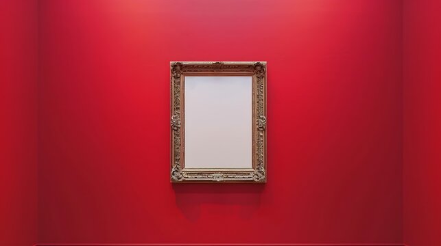 Antique art fair gallery frame on royal red wall at auction house or museum exhibition blank template with empty white copyspace for mockup design artwork concept : Generative AI