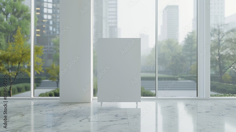 Poster modern gallery interior with blank white empty canvas contemporary open space city view and daylight