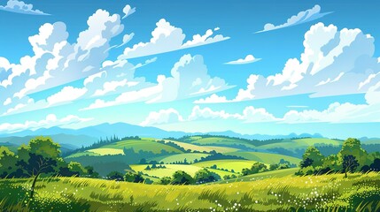 Obraz premium Scenic landscape with rolling hills fluffy clouds and a bright blue sky