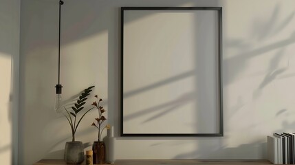 Mockup of black frame in room interior with lighting Simple Mockup of white blank board : Generative AI