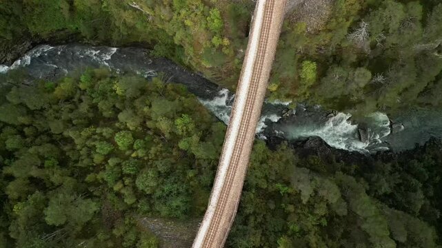 Scenic aerial reveal shot of Kylling railway bridge in Verma, Norway