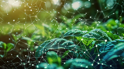A futuristic digital landscape of growing plants with icons and graphs representing the use of artificial intelligence in agriculture