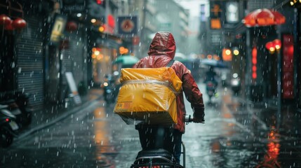 Obraz premium A food delivery driver braving the rain to ensure hot meals reach their customers on time.