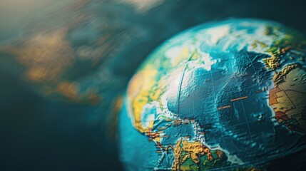 Fototapeta premium Globe with oceans close up, focus on, copy space Blue waters, Double exposure silhouette with navigation