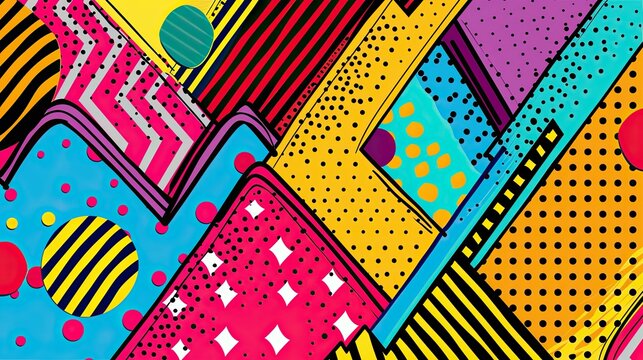 An abstract pop art design with zigzag lines, polka dots, and contrasting color blocks creating a dynamic visual effect