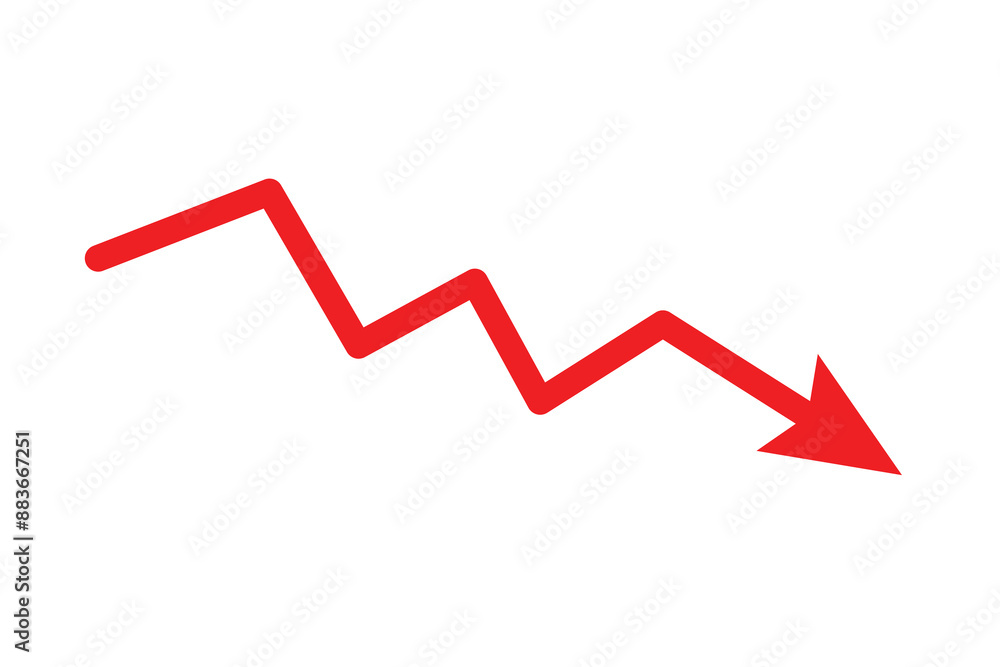 Poster abstract financial chart of red color downtrend line graph. red decline arrow, red arrow going down 