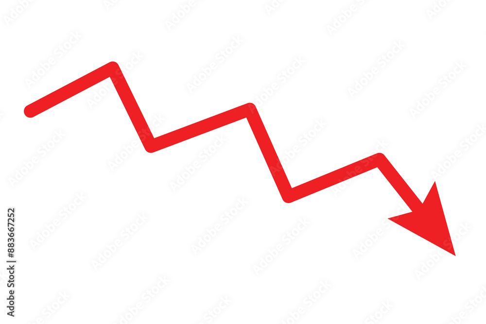 Poster abstract financial chart of red color downtrend line graph. red decline arrow, red arrow going down 