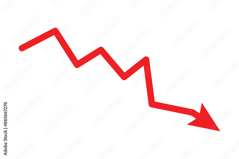 Poster abstract financial chart of red color downtrend line graph. red decline arrow, red arrow going down 
