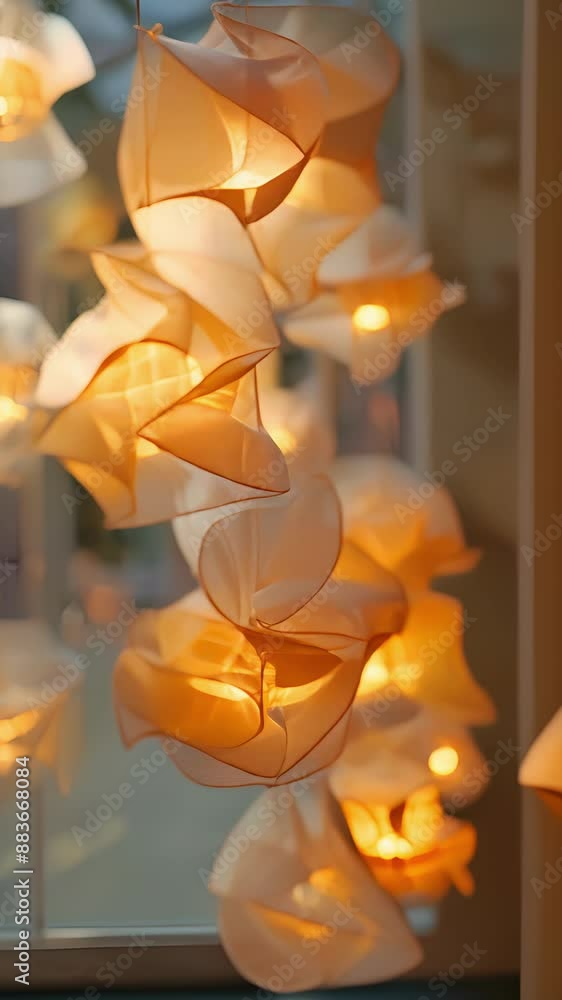 Poster a of lanterns made from overlapping geometric layers of translucent fabric.
