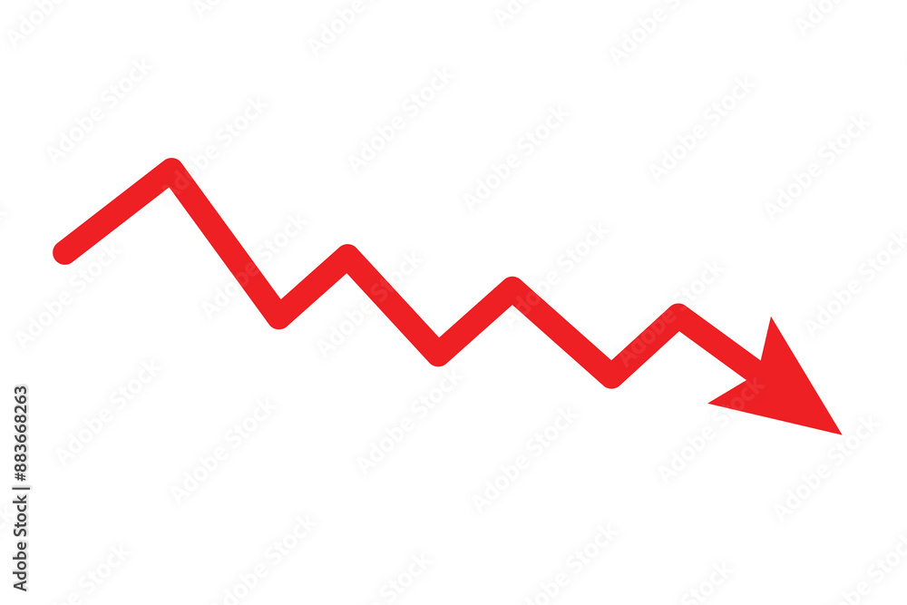 Poster abstract financial chart of red color downtrend line graph. red decline arrow, red arrow going down 