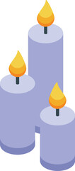 Three lit purple candles are burning with yellow flames, creating a warm and inviting atmosphere