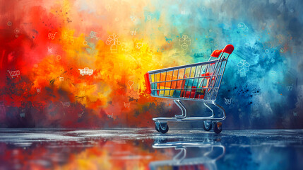 Watercolor Shopping Basket with Digital Price Tags - Embracing E-commerce in Modern Online Shopping Experience