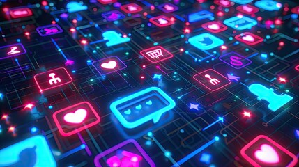 Modern scene with lighting on social media icons, showcasing innovative marketing strategy