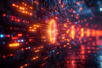 Naklejka premium A digital wall with glowing red and blue lights.