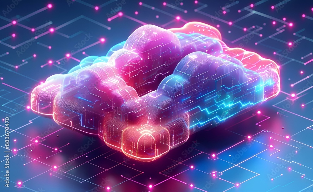 Poster cloud-shaped neon lights symbolizing cloud computing concept.