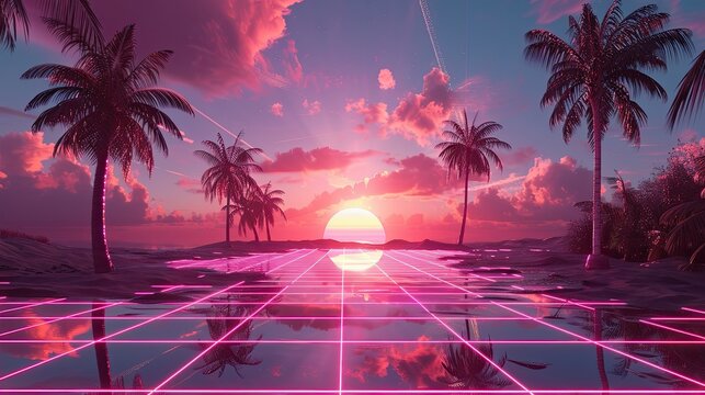 Vaporwave landscape with a neon grid, palm trees, and a retro sunset - Powered by Adobe