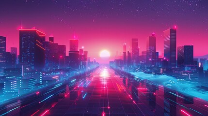 Digital art cityscape with geometric buildings, neon lights, and a glowing river