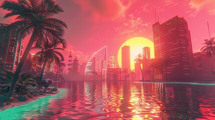 Obraz premium Vaporwave city with neon buildings, digital palm trees, and a retro sun