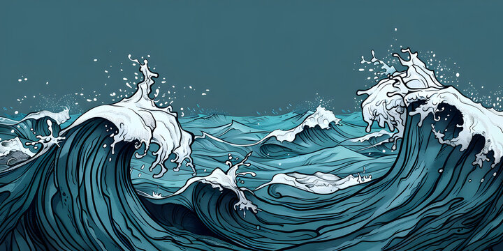 This detailed illustration captures the essence of a stormy sea with roaring ocean waves and foamy crests. Ideal for themes like adventure, maritime, and nautical inspirations