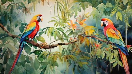 Lush Watercolor Rainforest Paradise with Exotic Birds and Vibrant Flora