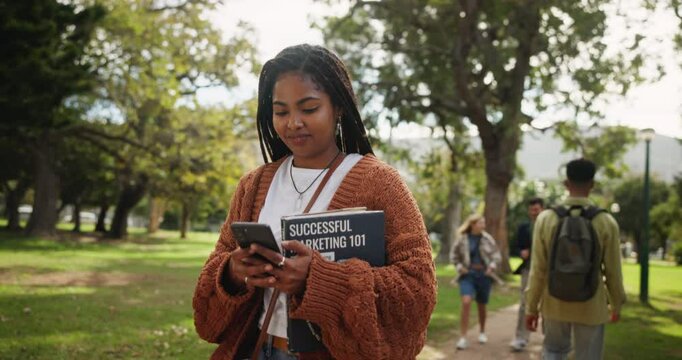 Phone, search and black woman with book at campus park for reading, info or university newsletter sign up. Education, college or marketing student walk with smartphone for location, map or direction