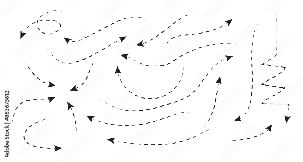 Poster set of squiggle line dashed arrows. dotted hand drawn curved arrow. doodle arrows of various shapes 