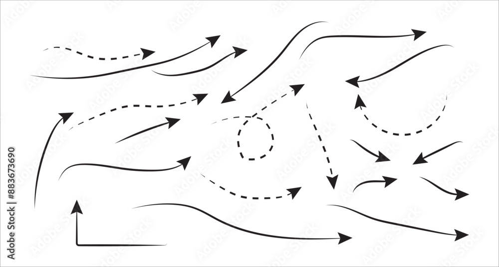 Poster set of simple lines hand drawn black arrows in different style. set of hand drawn doodle black arrow