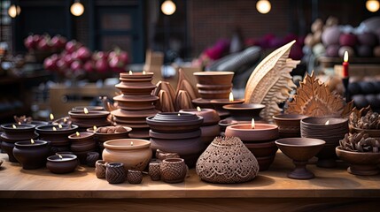 Array of handcrafted wooden items - from bowls to toys - elegantly showcased at a bustling market stall - wide format 