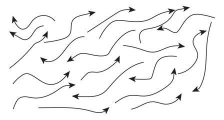 Hand drawn thin line arrows set. Many vector curvy and wavy arrows isolated on white background.

