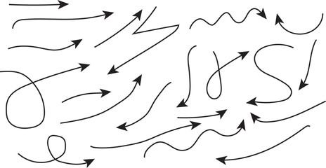 Hand drawn thin line arrows set. Many vector curvy and wavy arrows isolated on white background.
