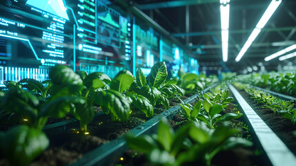 A high-tech farm with plants growing in an indoor tin