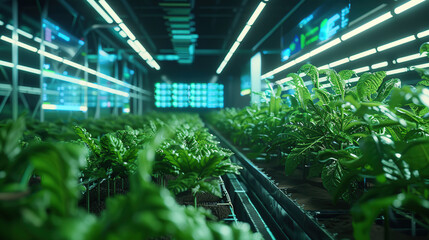 A high-tech farm with plants growing in an indoor tin