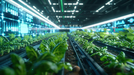 A high-tech farm with plants growing in an indoor tin