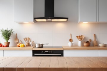 blurred Sleek cabinets and stainless steel appliances define a modern kitchen interior with empty tabletop