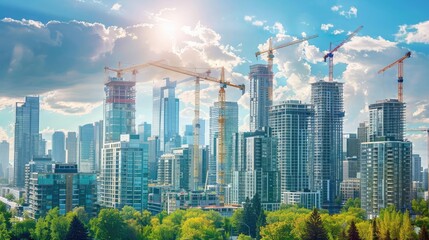 Fototapeta premium City skyline with construction cranes, representing ongoing urban development