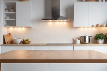 blurred Sleek cabinets and stainless steel appliances define a modern kitchen interior with empty tabletop