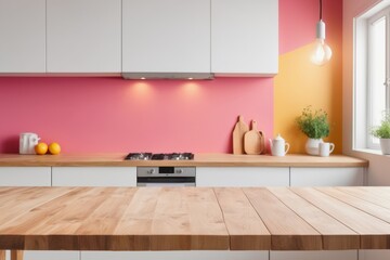 blurred colorful Sleek cabinets and stainless steel appliances define a modern kitchen interior with empty tabletop