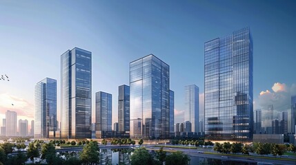 High-rise office buildings with glass facades, representing the business district