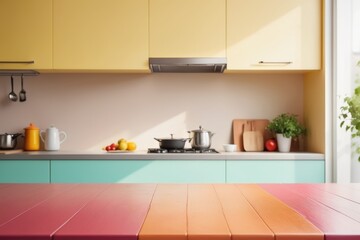 Fototapeta premium blurred colorful Sleek cabinets and stainless steel appliances define a modern kitchen interior with empty tabletop