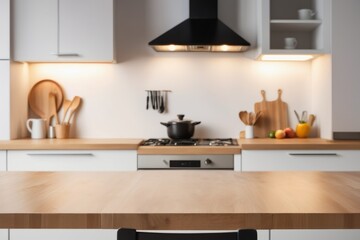 blurred Sleek cabinets and stainless steel appliances define a modern kitchen interior with empty tabletop