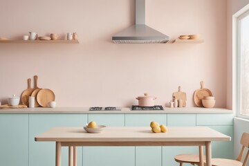 blurred colorful Sleek cabinets and stainless steel appliances define a modern kitchen interior with empty tabletop